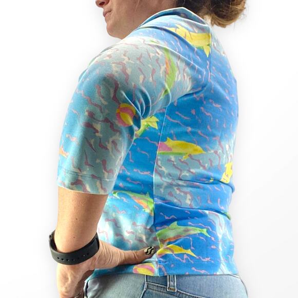 00s LEGGIADRO Vintage Blue Dolphin Ocean Print Quartered Sleeve Shirt - Picture 3 of 7